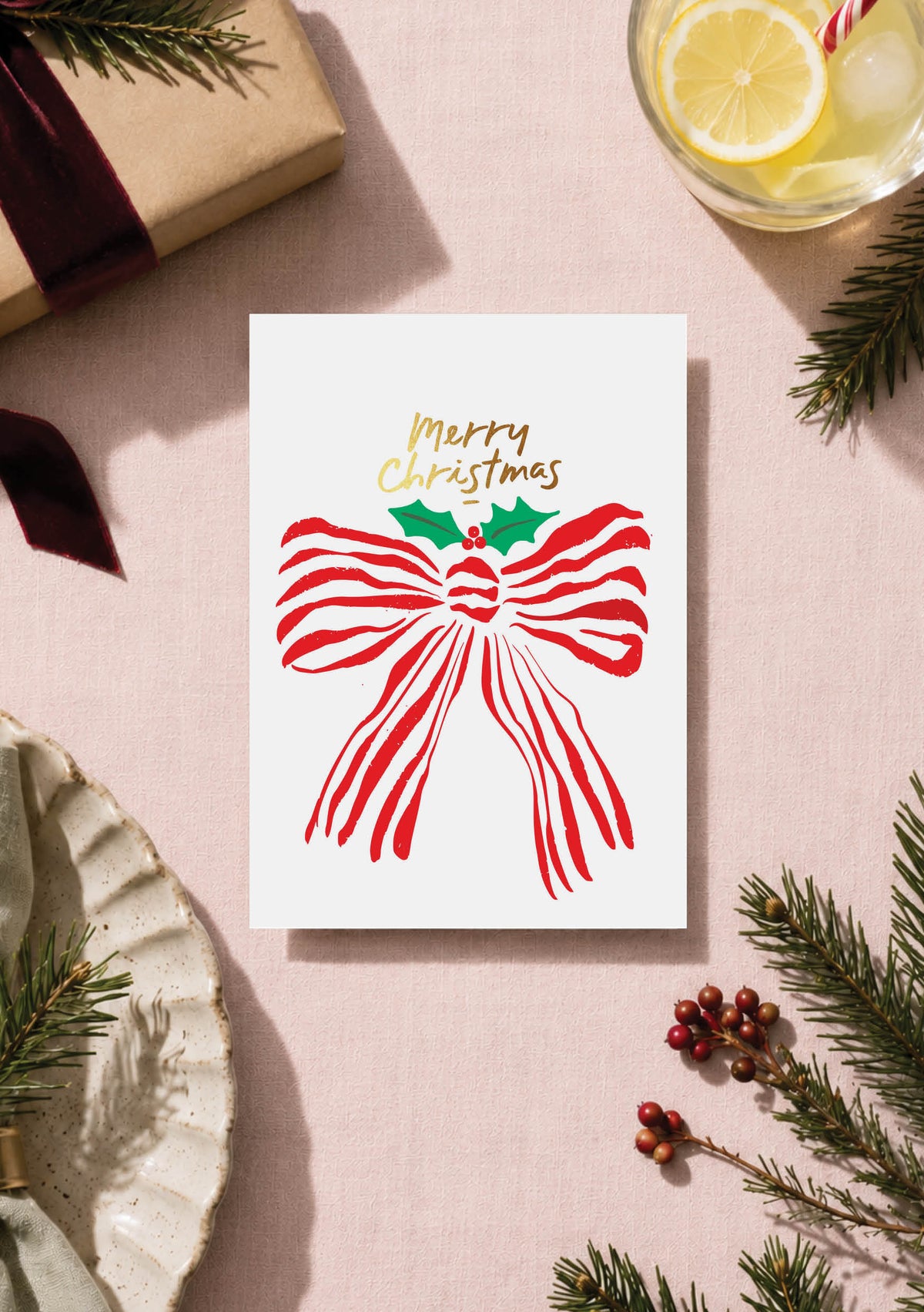 Merry Christmas Stripe Bow Greeting Card