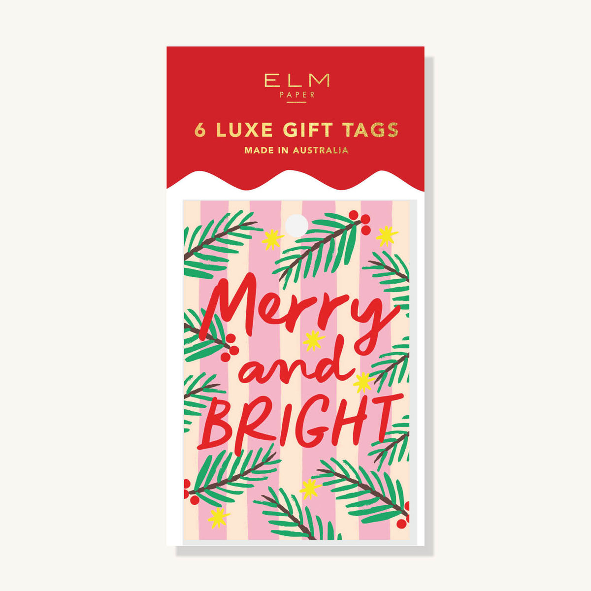 Merry & Bright Stripe Pine Pck of 6 Tags
